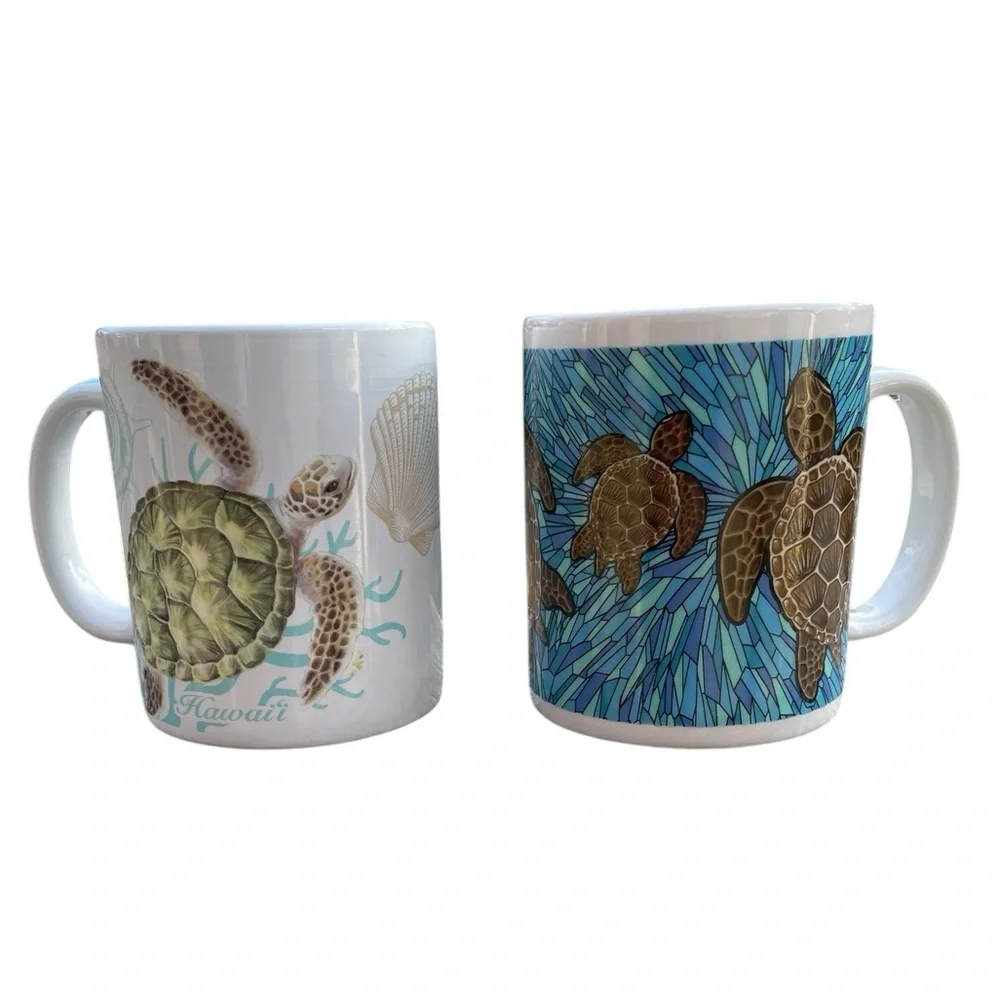 Sea Turtle Ceramic 12 oz Coffee Mugs Mismatched pair